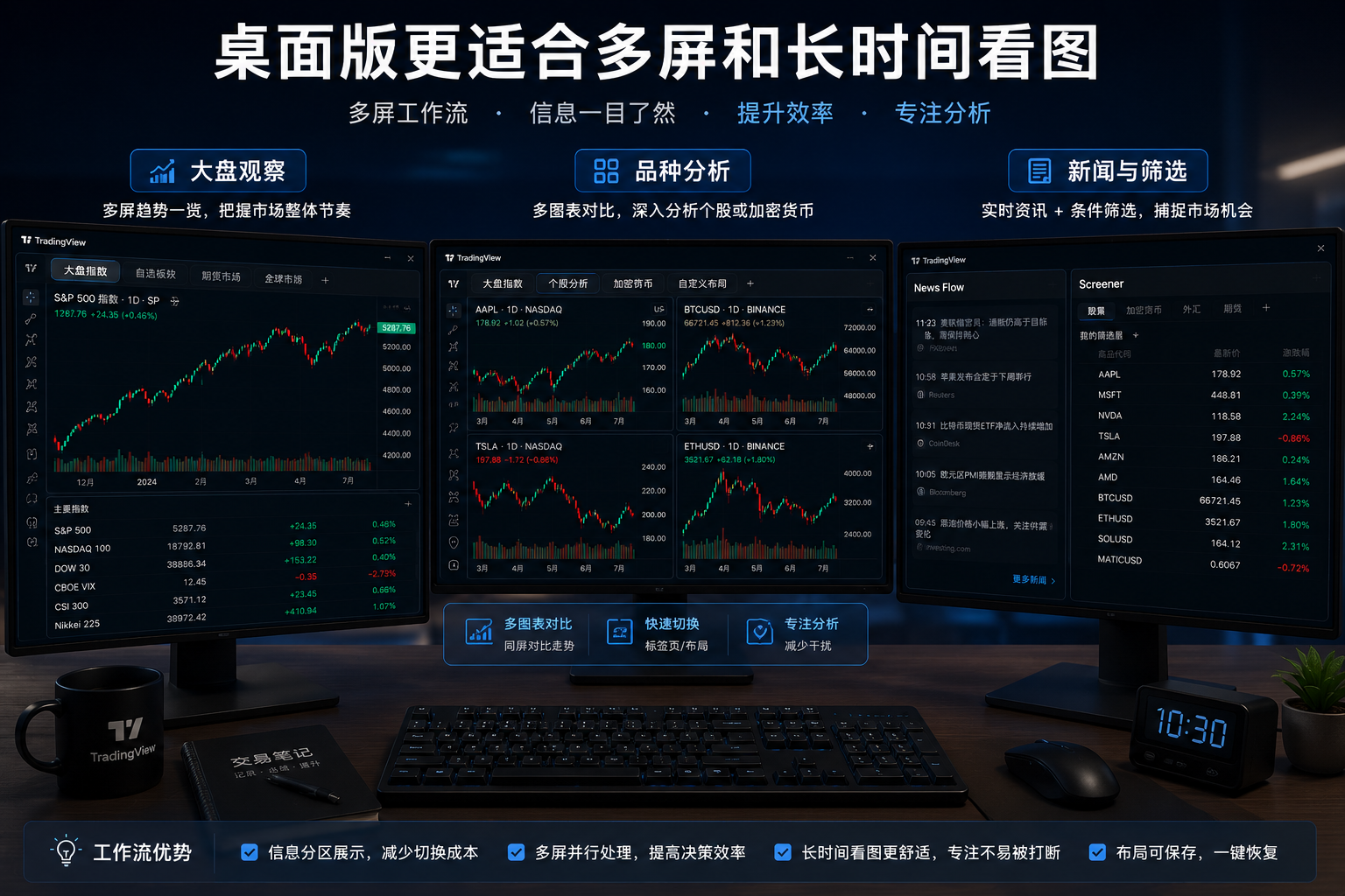 TradingView 桌面版多屏工作流示意图，展示大盘观察、品种分析、新闻与筛选分屏布局