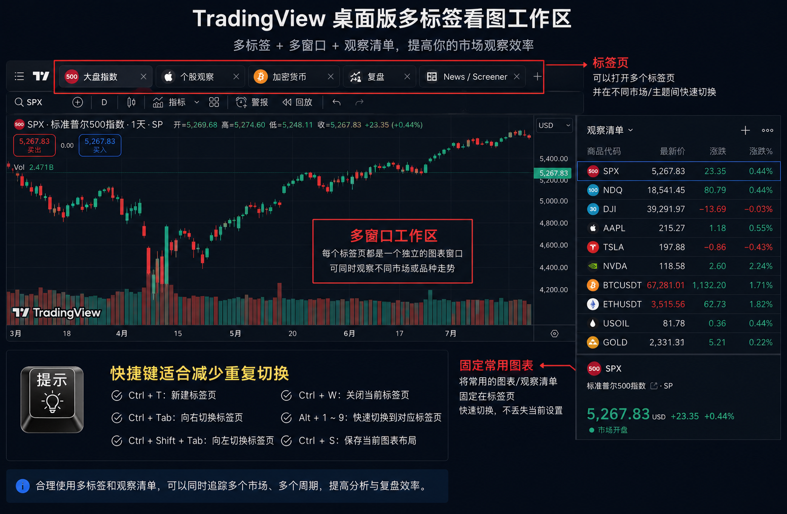 TradingView 桌面版多标签看图工作区截图，展示标签页、观察清单和多窗口布局
