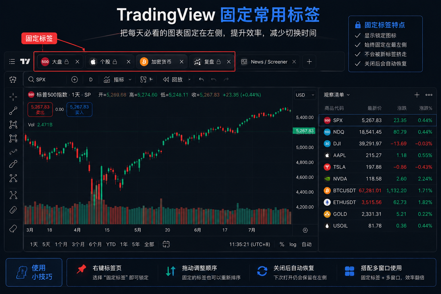 TradingView 固定常用标签示意图，展示固定标签在标签栏左侧保留的位置