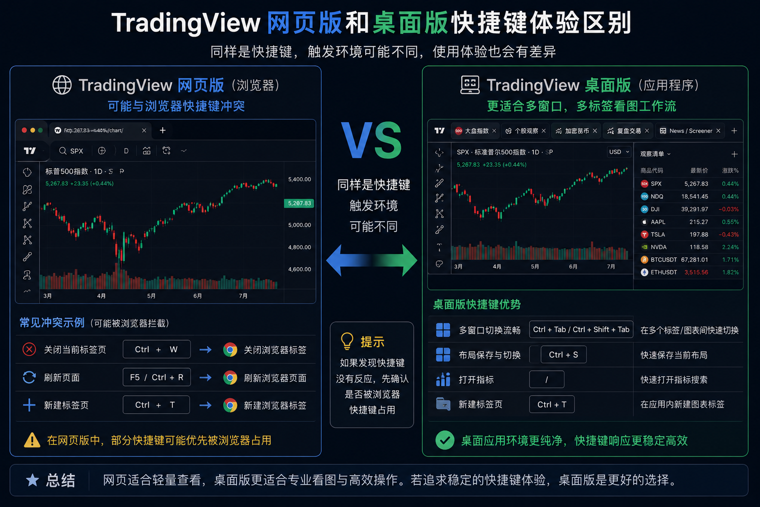 TradingView 网页版与桌面版快捷键体验对比图，展示浏览器冲突和桌面版多标签优势