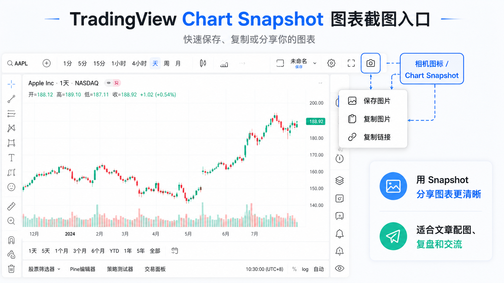 TradingView Chart Snapshot 图表截图入口说明图，展示相机图标和保存图片、复制图片、复制链接菜单